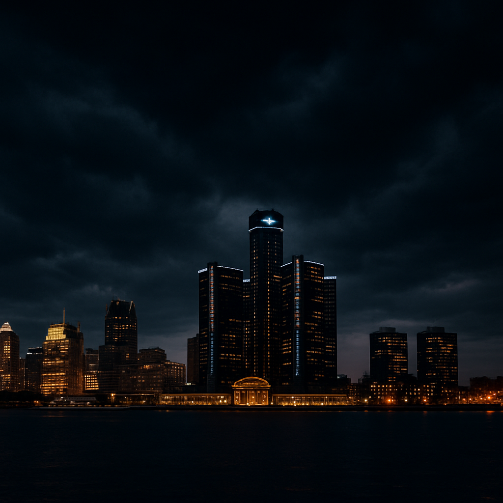 Detroit Michigan skyline at night
